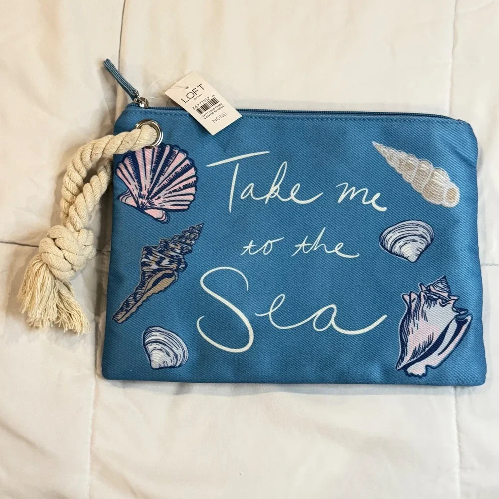 Loft Outlet Blue Take Me To The Sea Seashell‎ Canvas Pouch Clutch Rope Tassel